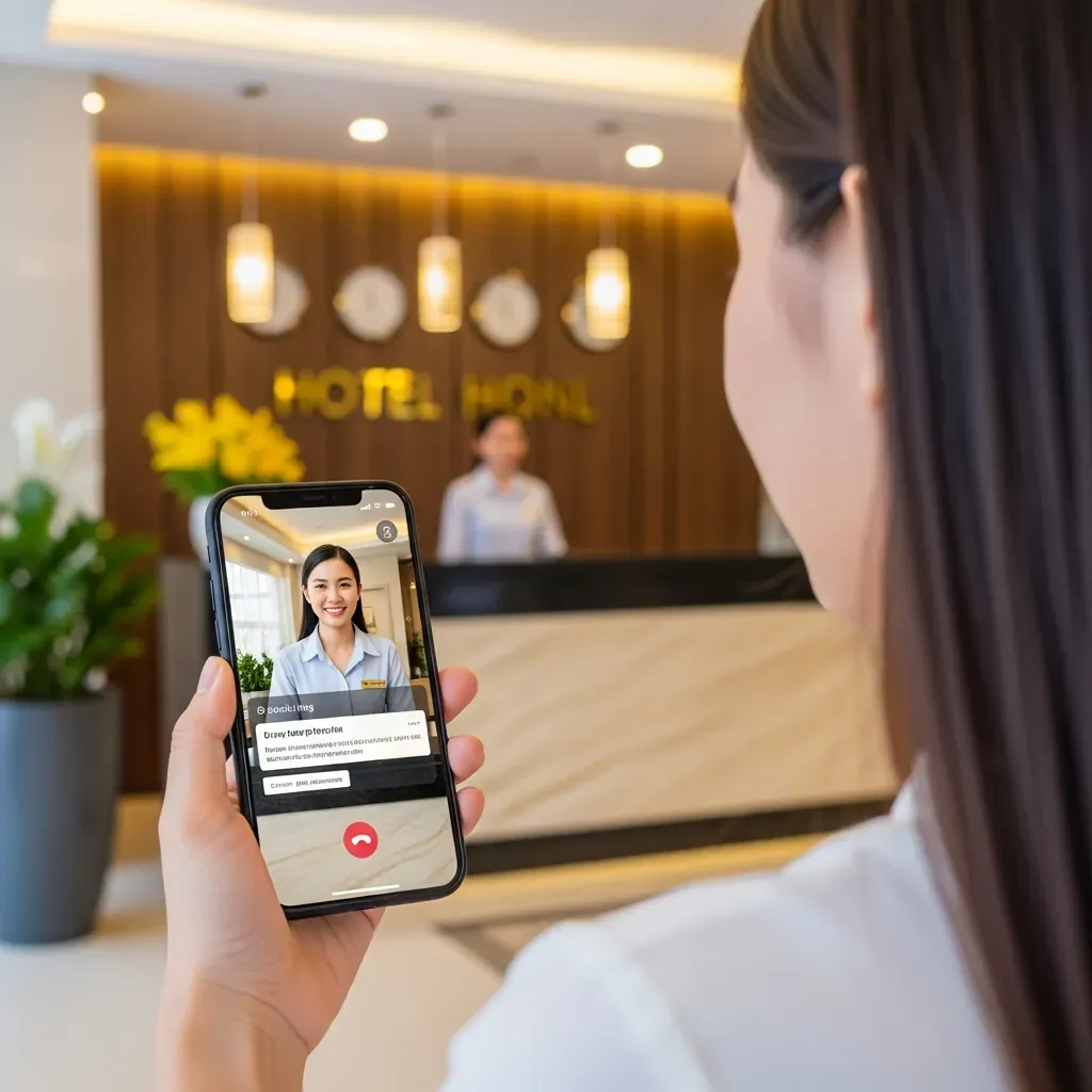 Nữ du khách Việt đang gọi video xác nhận đặt phòng với lễ tân ngay tại quầy để tránh fanpage giả.