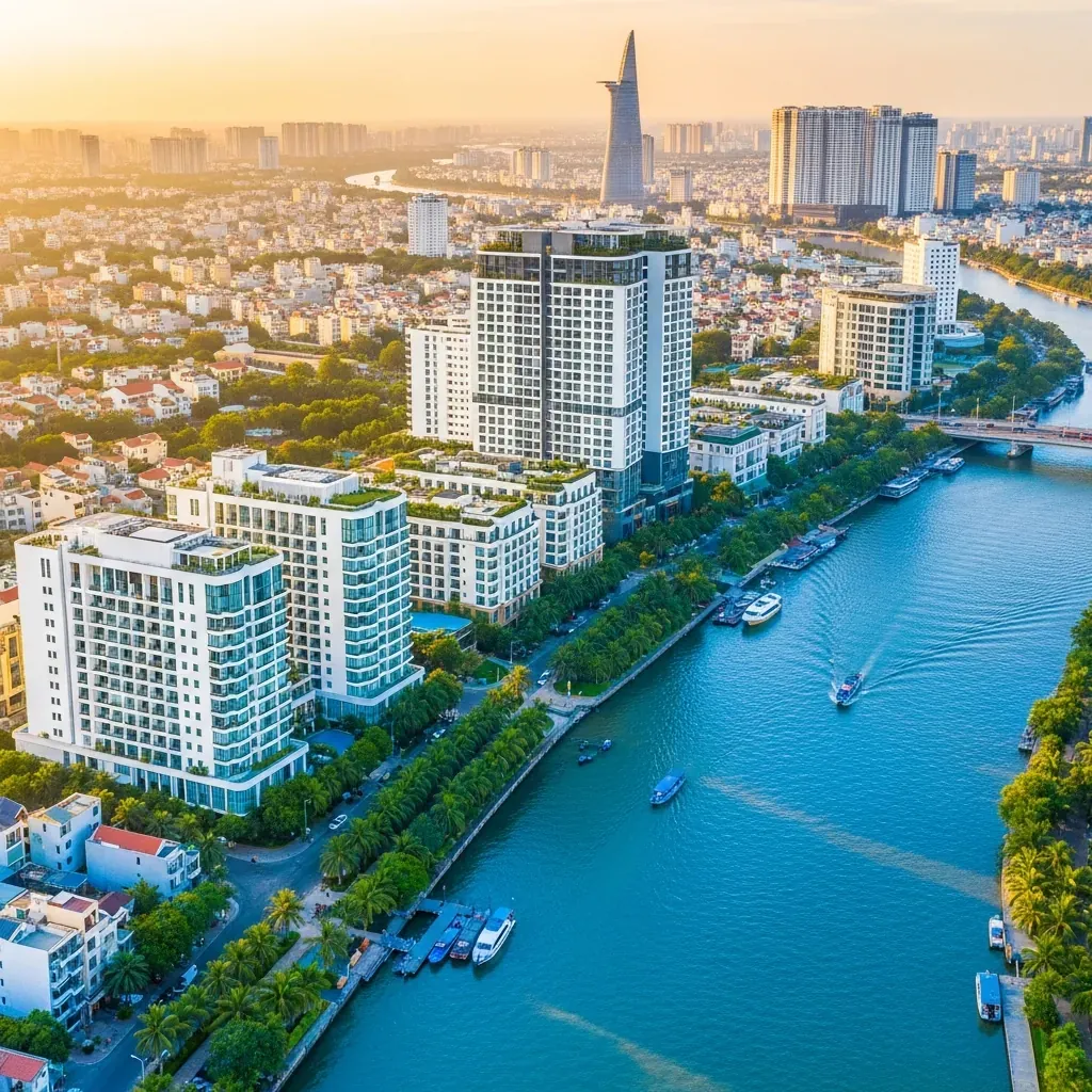 Toàn cảnh khu Thảo Điền, Quận 2 nhìn từ trên cao với sông Sài Gòn, cây xanh nhiệt đới và các khách sạn hiện đại.