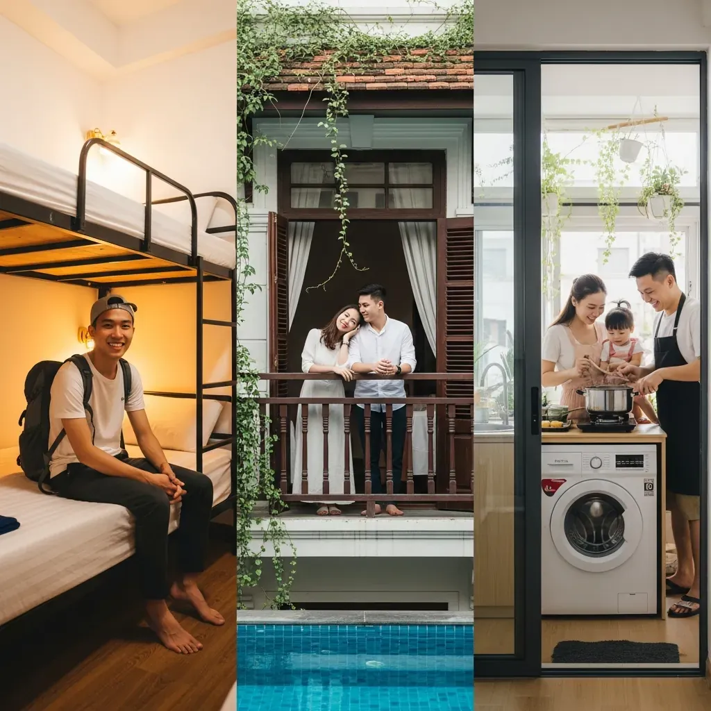 Ba cảnh tượng trưng cho du khách bụi, cặp đôi và gia đình nhỏ tại các khách sạn gợi ý ở Quận 4.