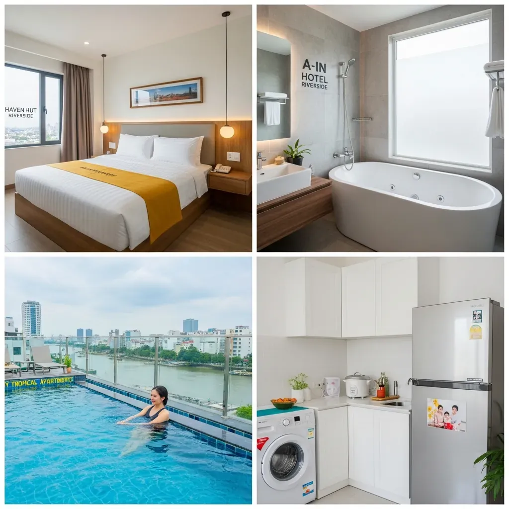 Bốn ảnh so sánh tiện nghi nổi bật của các khách sạn: phòng sạch, bồn tắm, hồ bơi view sông và bếp căn hộ.