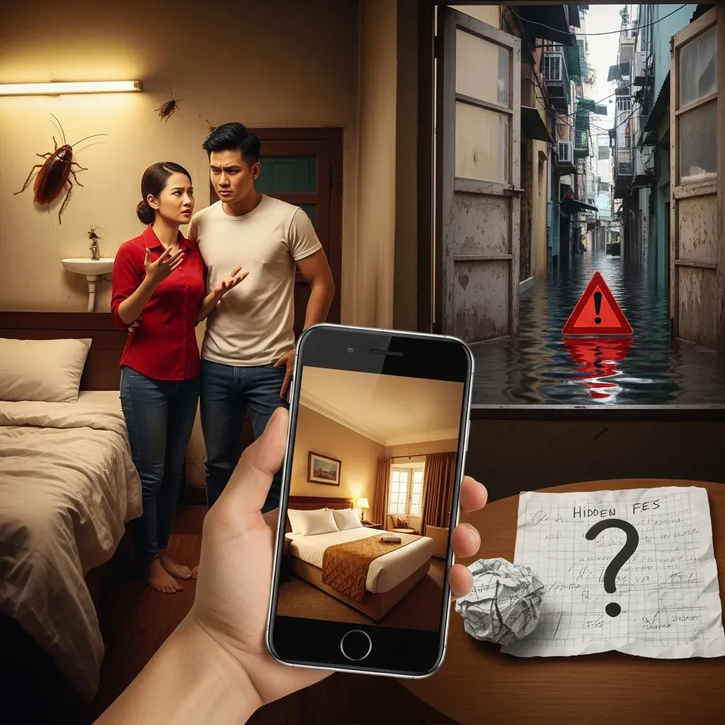 Cảnh báo những sai lầm khi chọn khách sạn: ảnh ảo, phòng kém vệ sinh, triều cường và phụ phí.