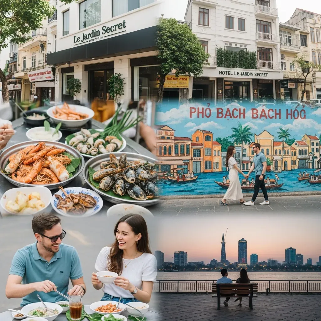 Cặp đôi du khách Việt trải nghiệm một ngày trọn vẹn tại Quận 4: nhận phòng, ẩm thực đường phố, phố bích họa và công viên ven sông.
