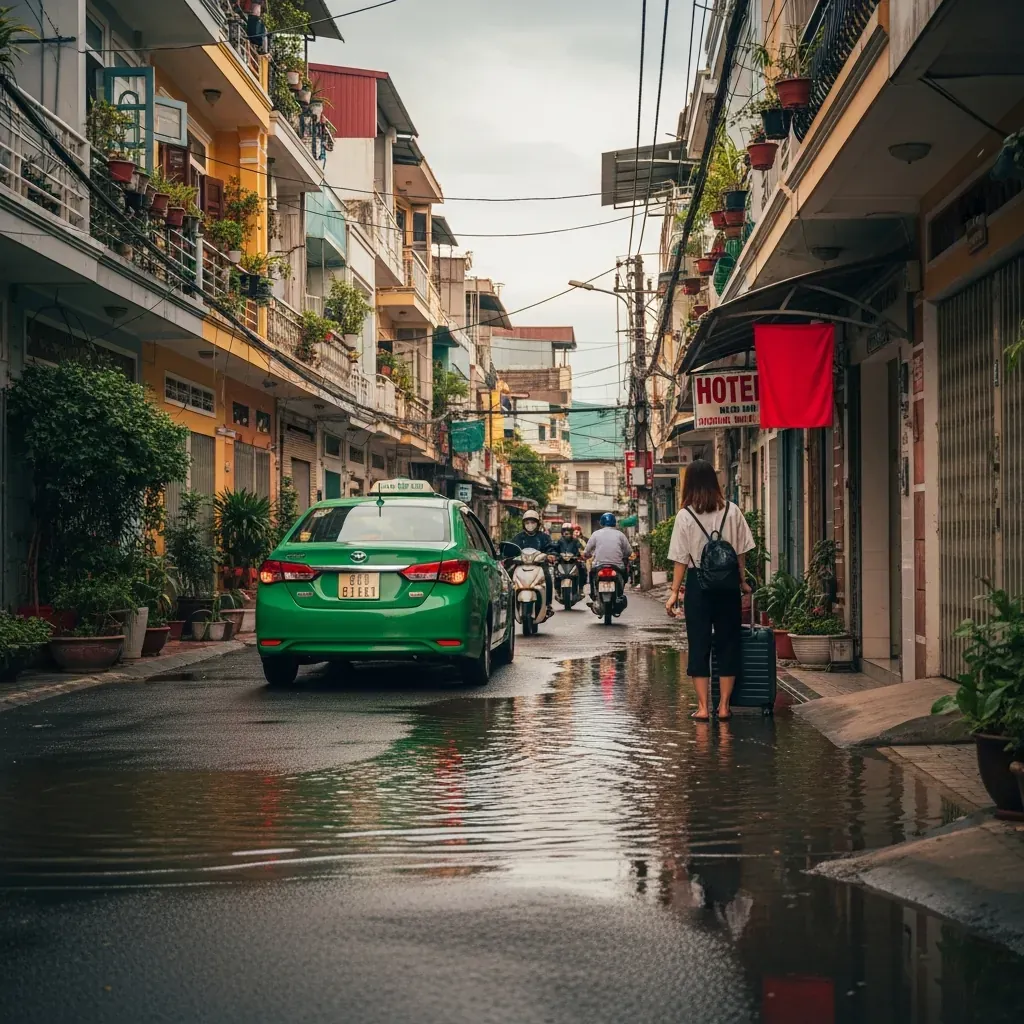 Con hẻm hẹp ở Quận 4 trong cơn mưa triều cường, taxi đưa khách vào khách sạn.