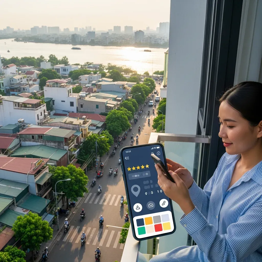 Khung cảnh sáng sớm tại Quận 4 với một nữ du khách đang tra cứu khách sạn trên ban công nhìn ra sông Sài Gòn và nhà ống đặc trưng.