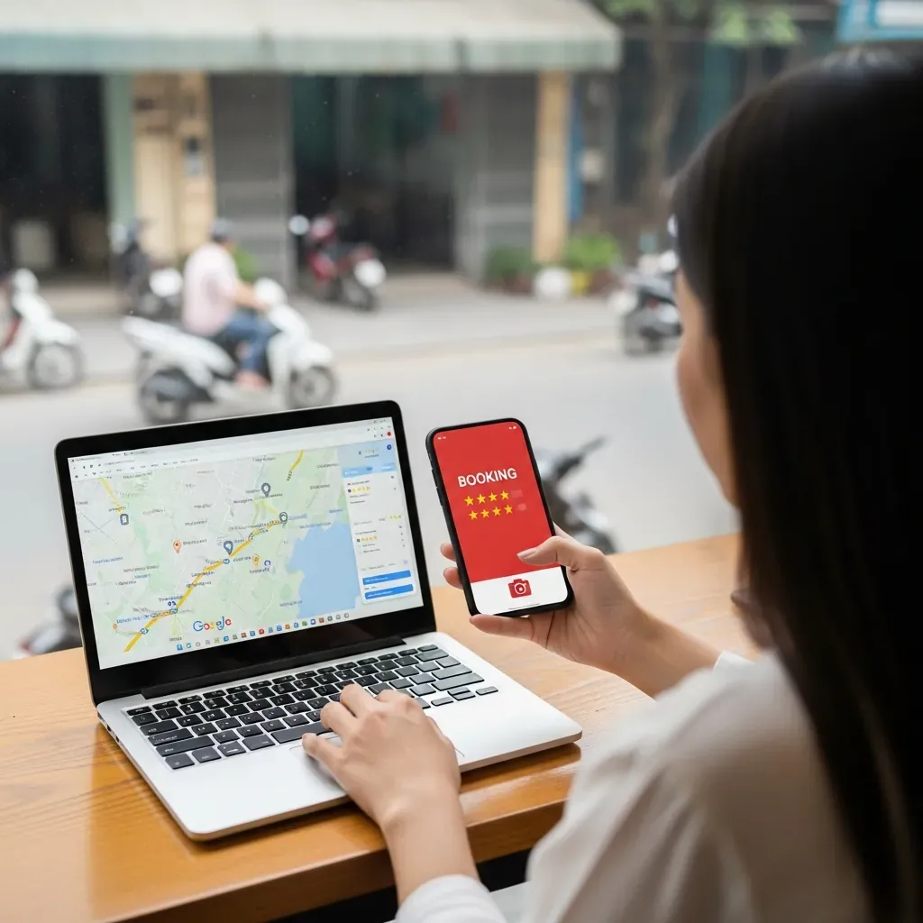 Người du lịch đối chiếu đánh giá khách sạn trên Google Maps và ứng dụng đặt phòng trong quán cà phê ở Quận 4.