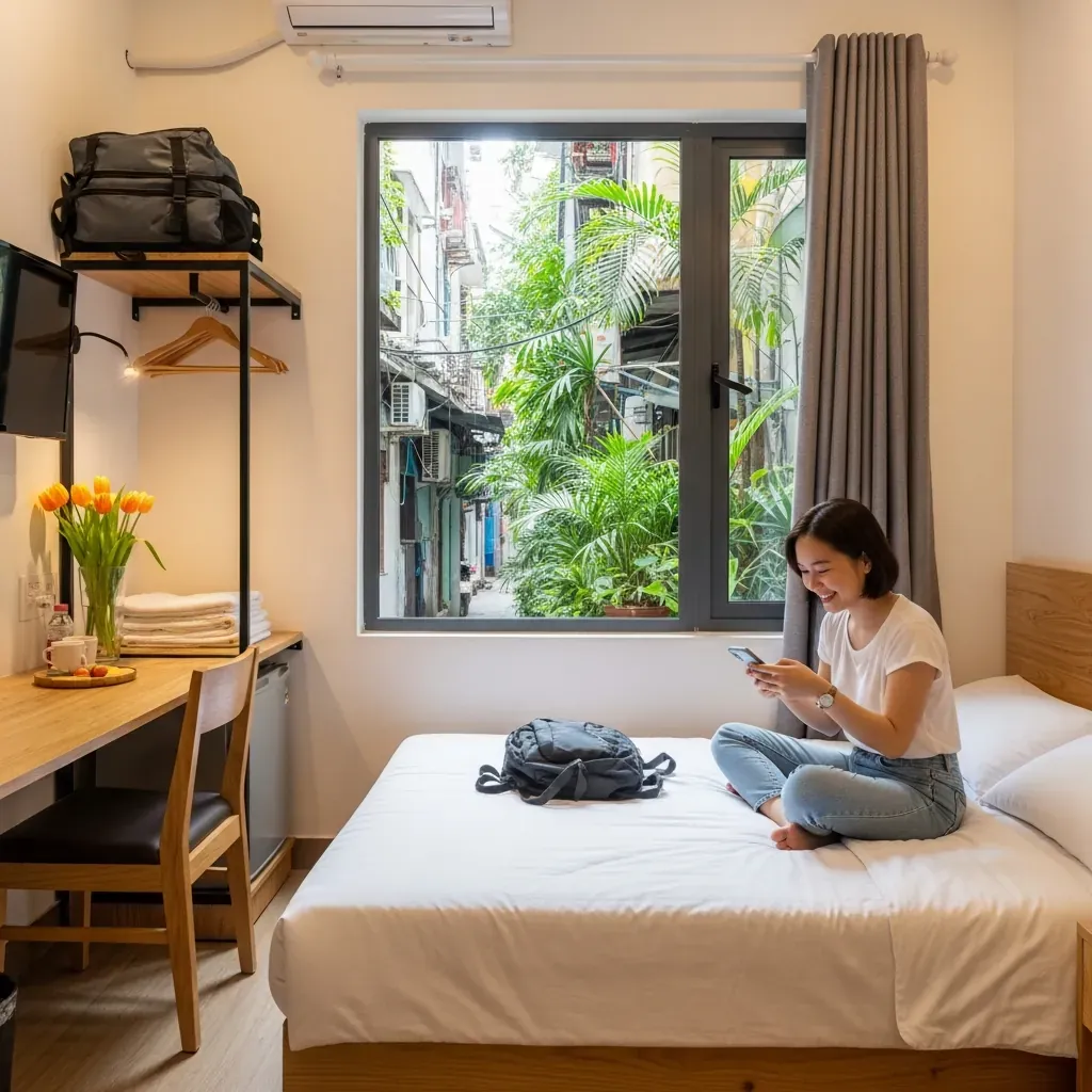 Cô gái du lịch nghỉ trong phòng khách sạn bình dân sạch sẽ.