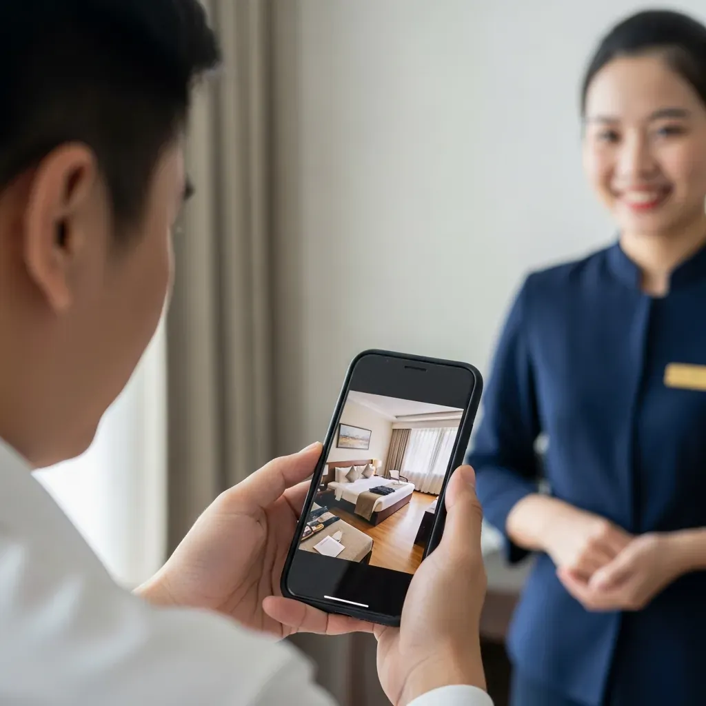 Du khách so sánh ảnh quảng cáo trên điện thoại với phòng thực tế.