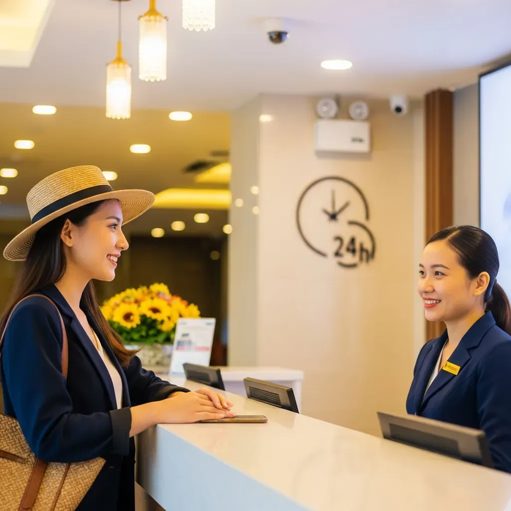 Nữ du khách một mình trao đổi với lễ tân khách sạn có camera an ninh.