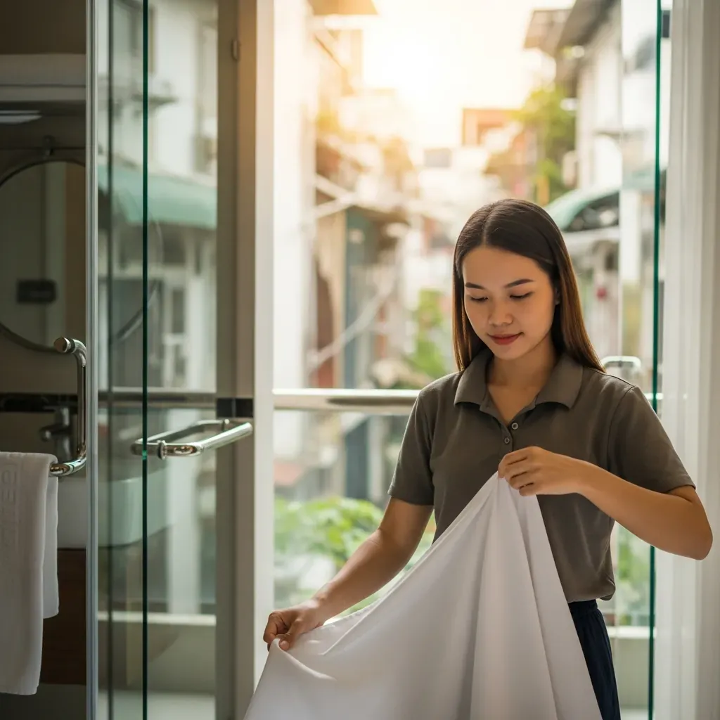 Nữ du khách Việt Nam kiểm tra ga giường trong phòng khách sạn.