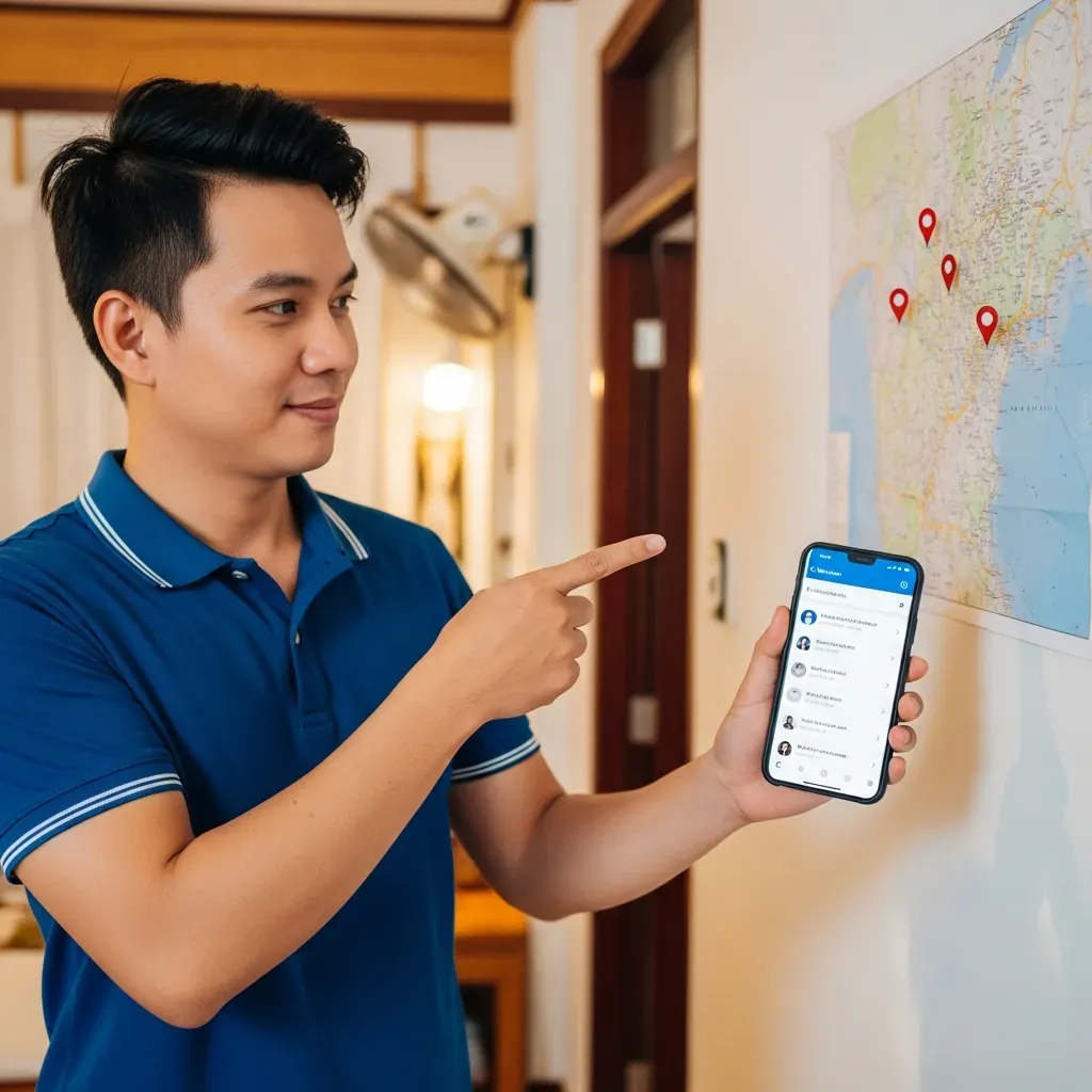 Du khách kiểm tra bản đồ và danh sách khách sạn dự phòng