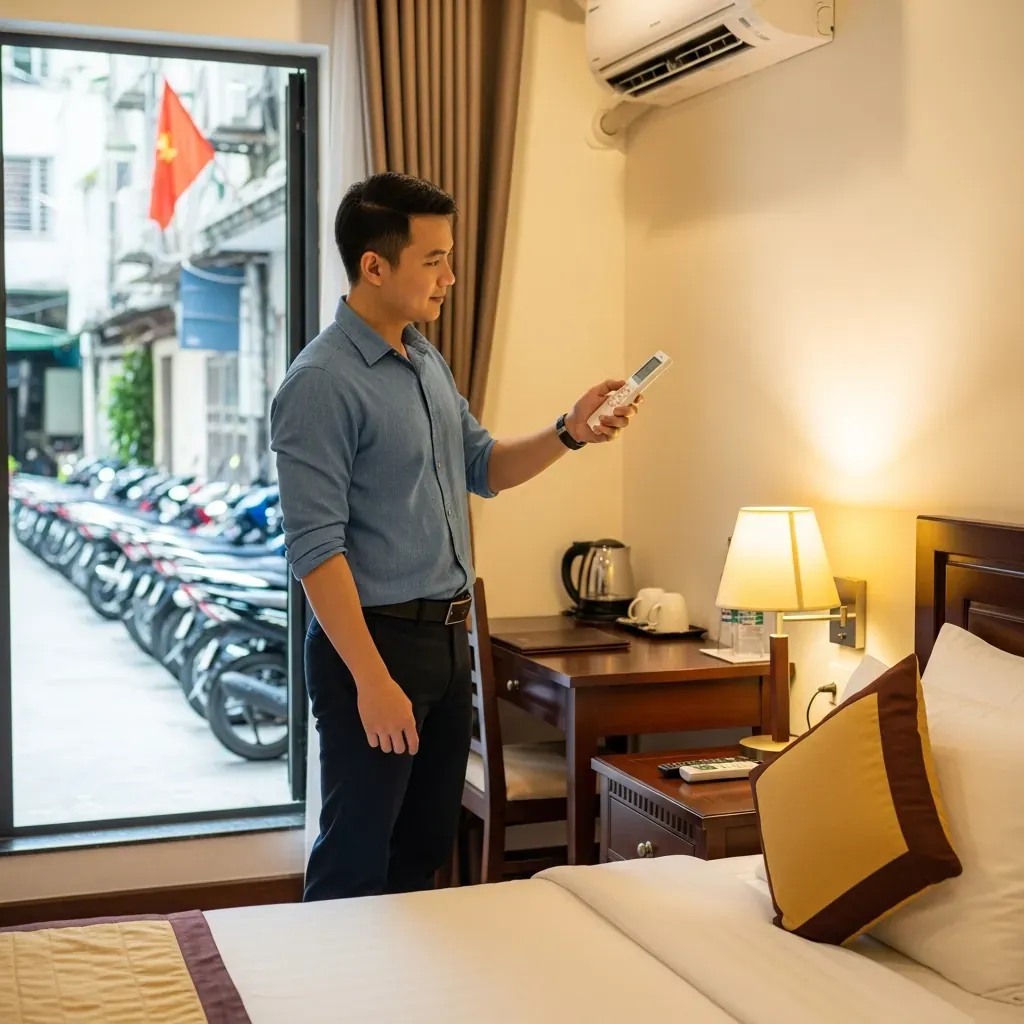 Khách kiểm tra máy lạnh trong phòng khách sạn