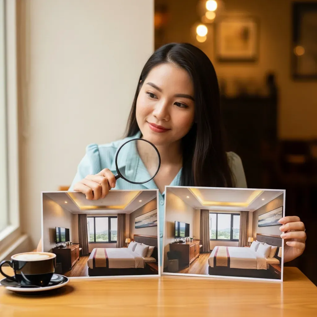 Người phụ nữ so sánh ảnh quảng cáo với ảnh thực tế