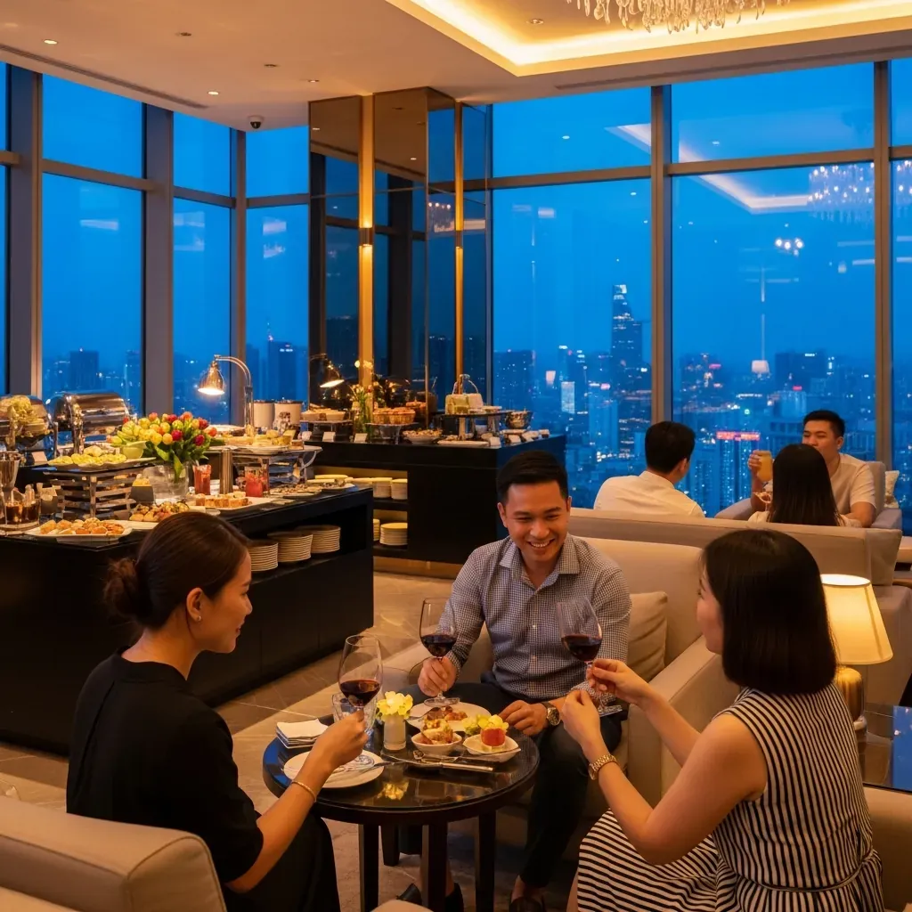 Không gian Club Lounge tầng 18 với quầy cocktail buổi tối.