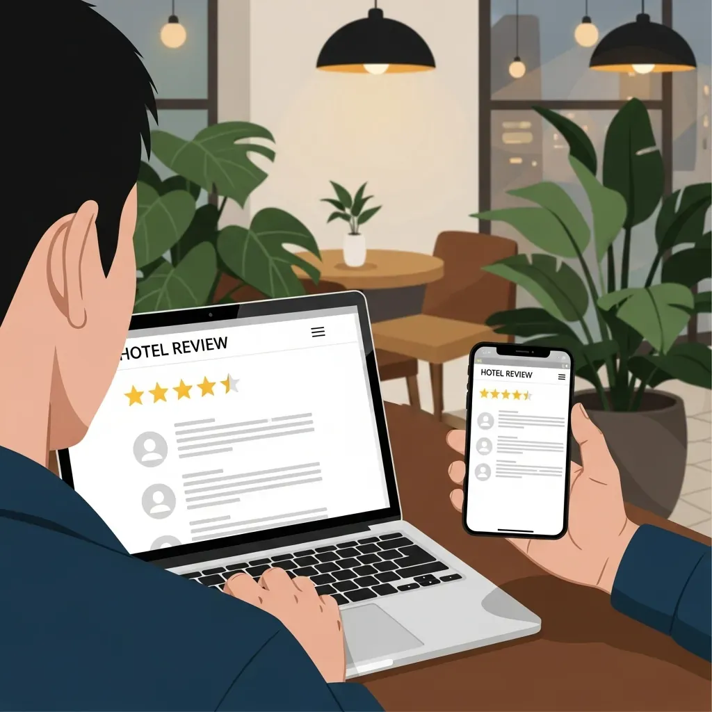 Người dùng kiểm tra đánh giá khách sạn trên nhiều nền tảng.