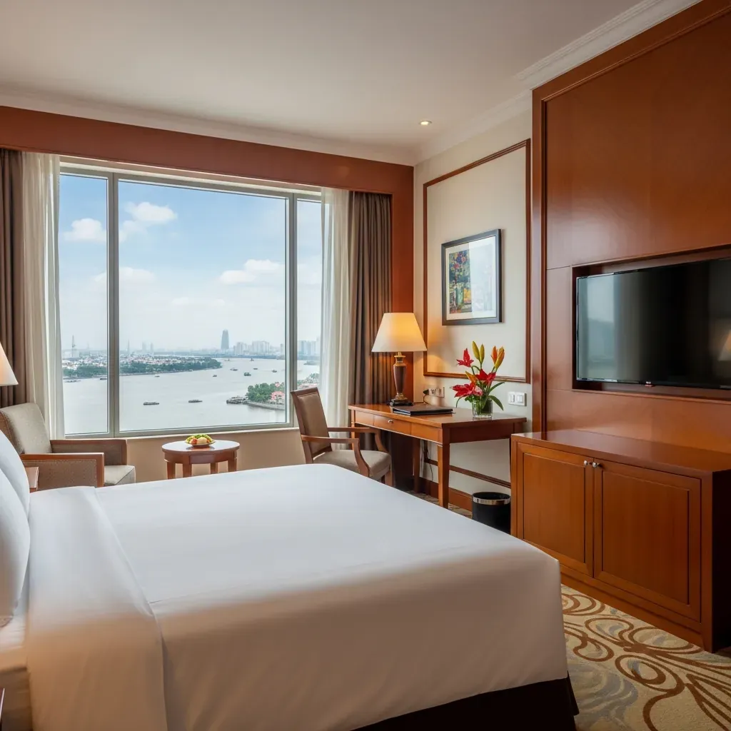 Phòng Deluxe hướng sông tại Renaissance Riverside Sài Gòn.