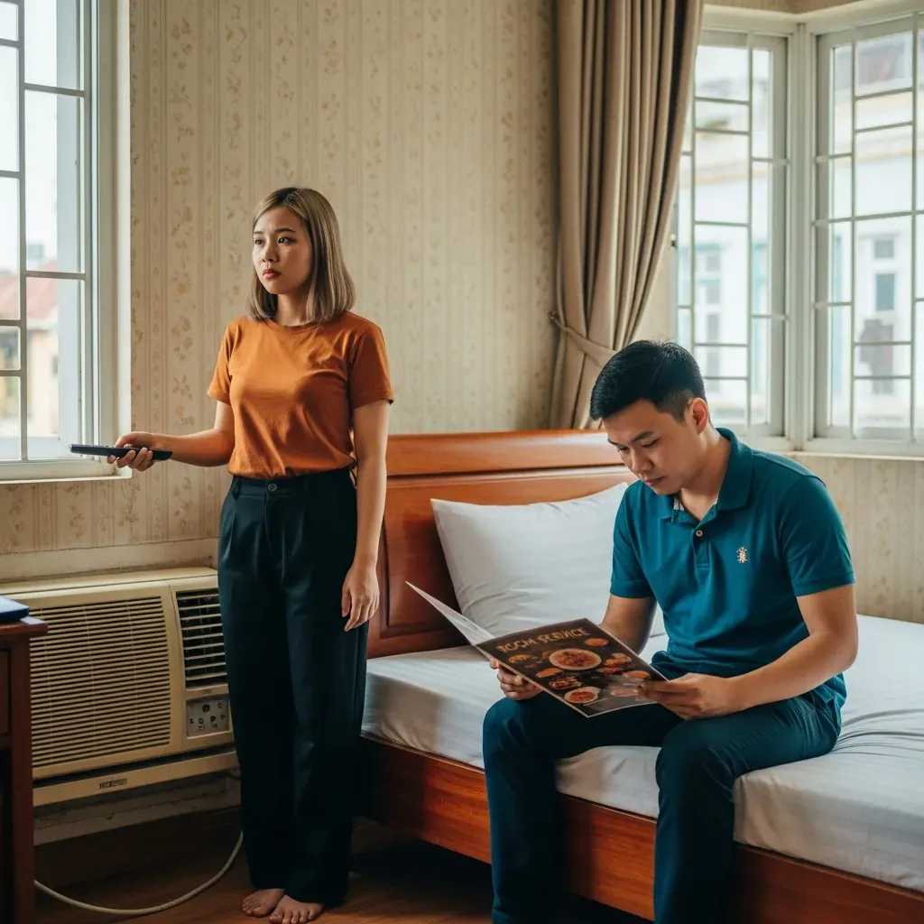 Cặp đôi người Việt trong phòng khách sạn Rex Sài Gòn, kiểm tra máy lạnh cũ và nội thất có dấu hiệu xuống cấp.