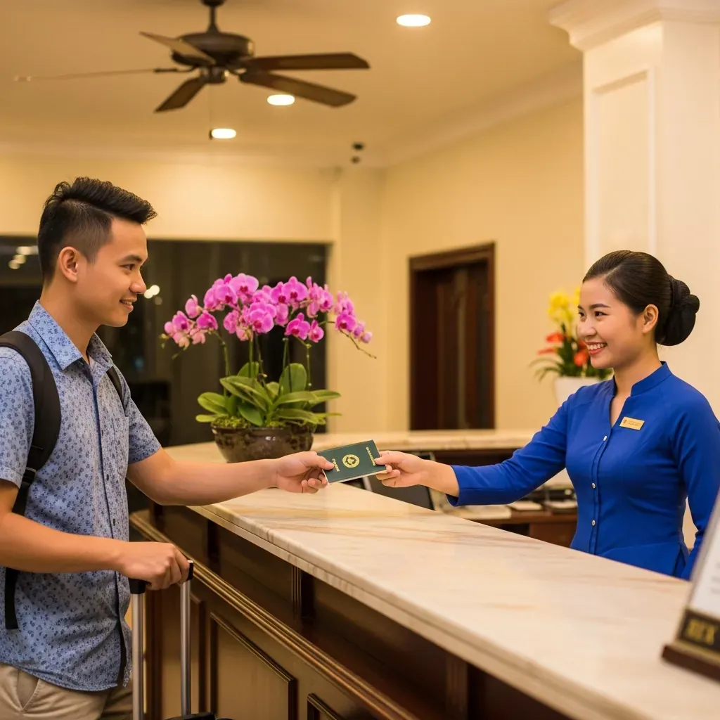 Du khách nam Việt Nam đưa hộ chiếu cho nhân viên lễ tân nữ tại quầy nhận phòng khách sạn Rex.