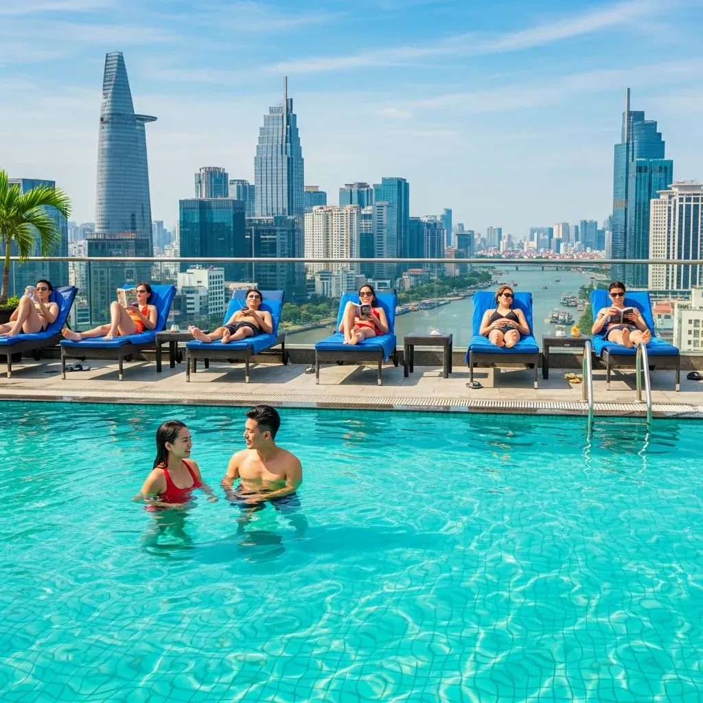 Hồ bơi ngoài trời khách sạn Rex với cặp đôi người Việt đang bơi, phía sau là đường chân trời Sài Gòn.