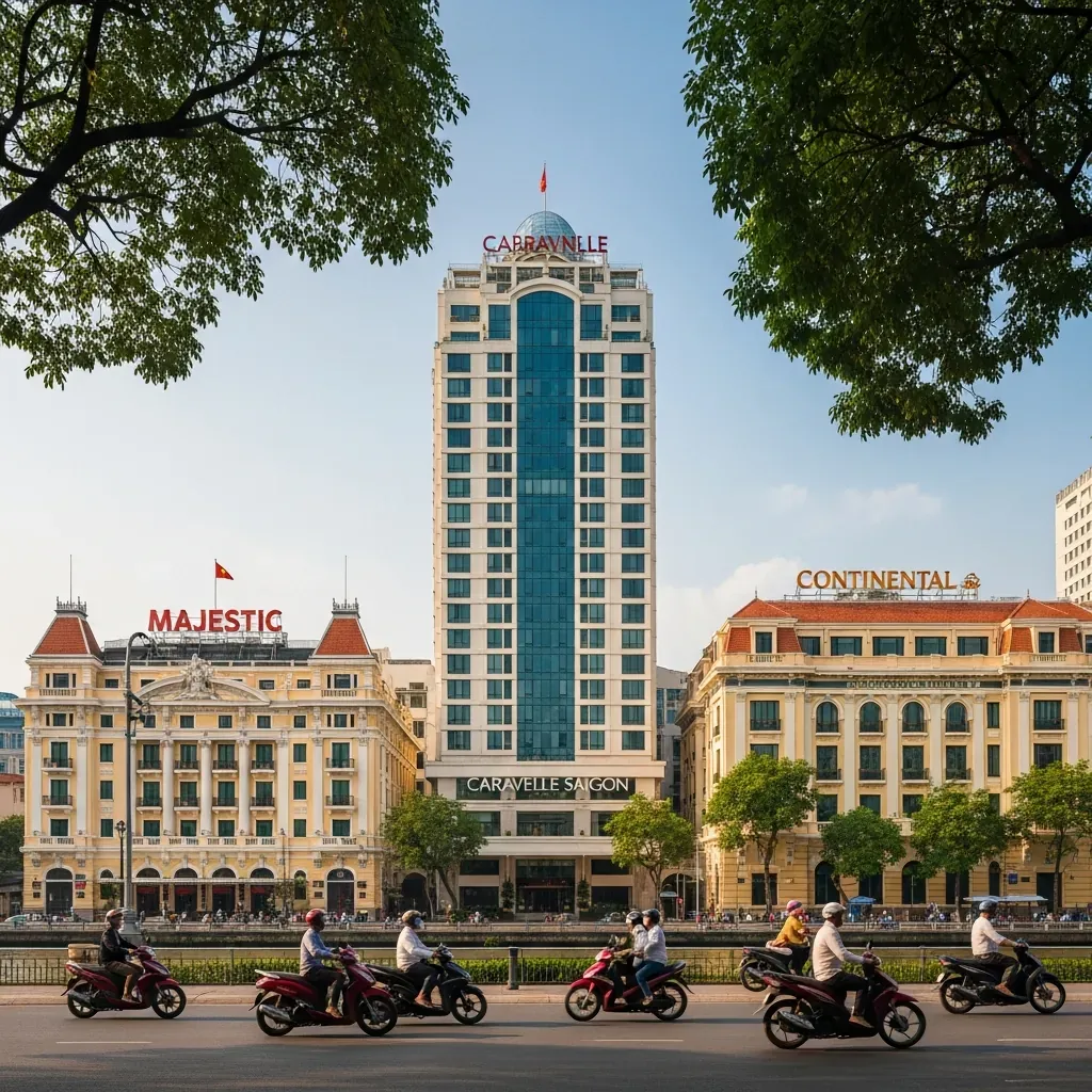 Mặt tiền ba khách sạn di sản Majestic, Caravelle và Continental dọc đường Đồng Khởi, trung tâm Sài Gòn.