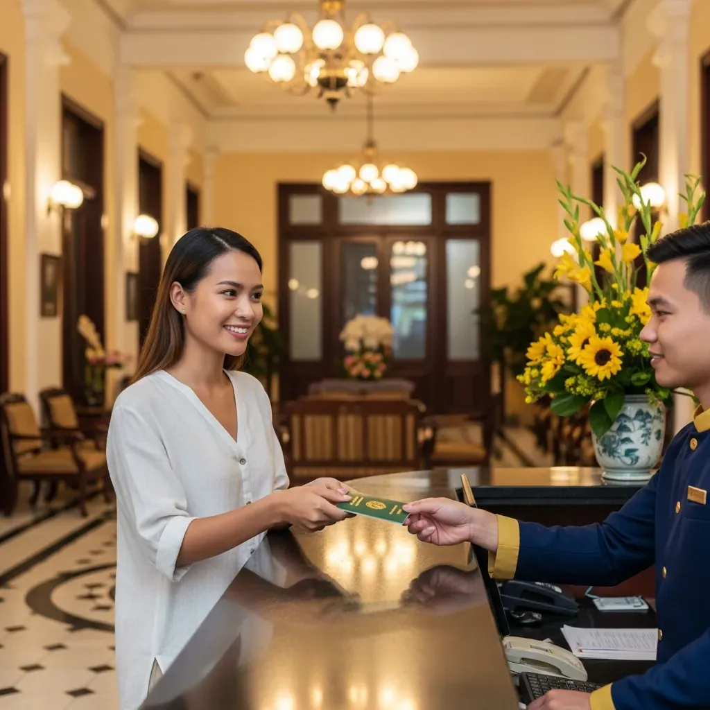 Nữ du khách Việt Nam đang làm thủ tục nhận phòng tại sảnh khách sạn Rex Sài Gòn, trao hộ chiếu cho nhân viên lễ tân.