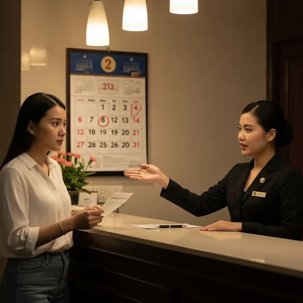 Nữ du khách Việt Nam lo lắng khi trao đổi với lễ tân về việc đổi ngày, nhân viên chỉ vào lịch trên tường.