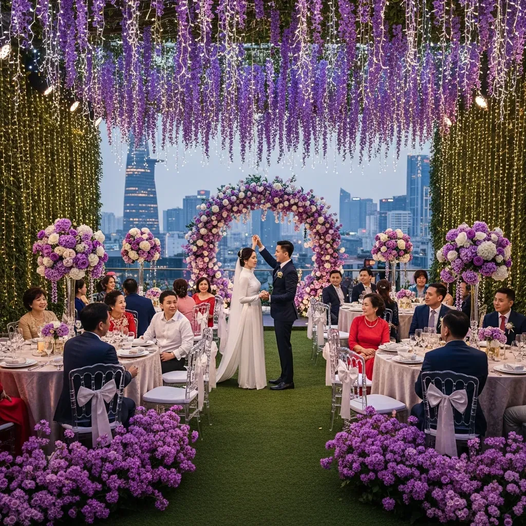 Tiệc cưới chủ đề Soulmate tại vườn treo Vertical Garden khách sạn Rex, cô dâu chú rể người Việt nhảy dưới vòm hoa tím.