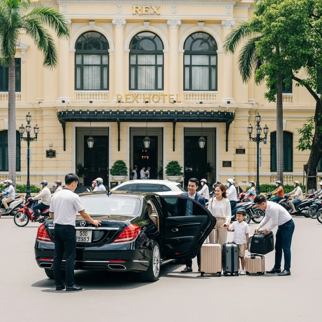 Xe đưa đón của khách sạn Rex đậu trước cổng, tài xế mở cửa cho một gia đình Việt Nam.
