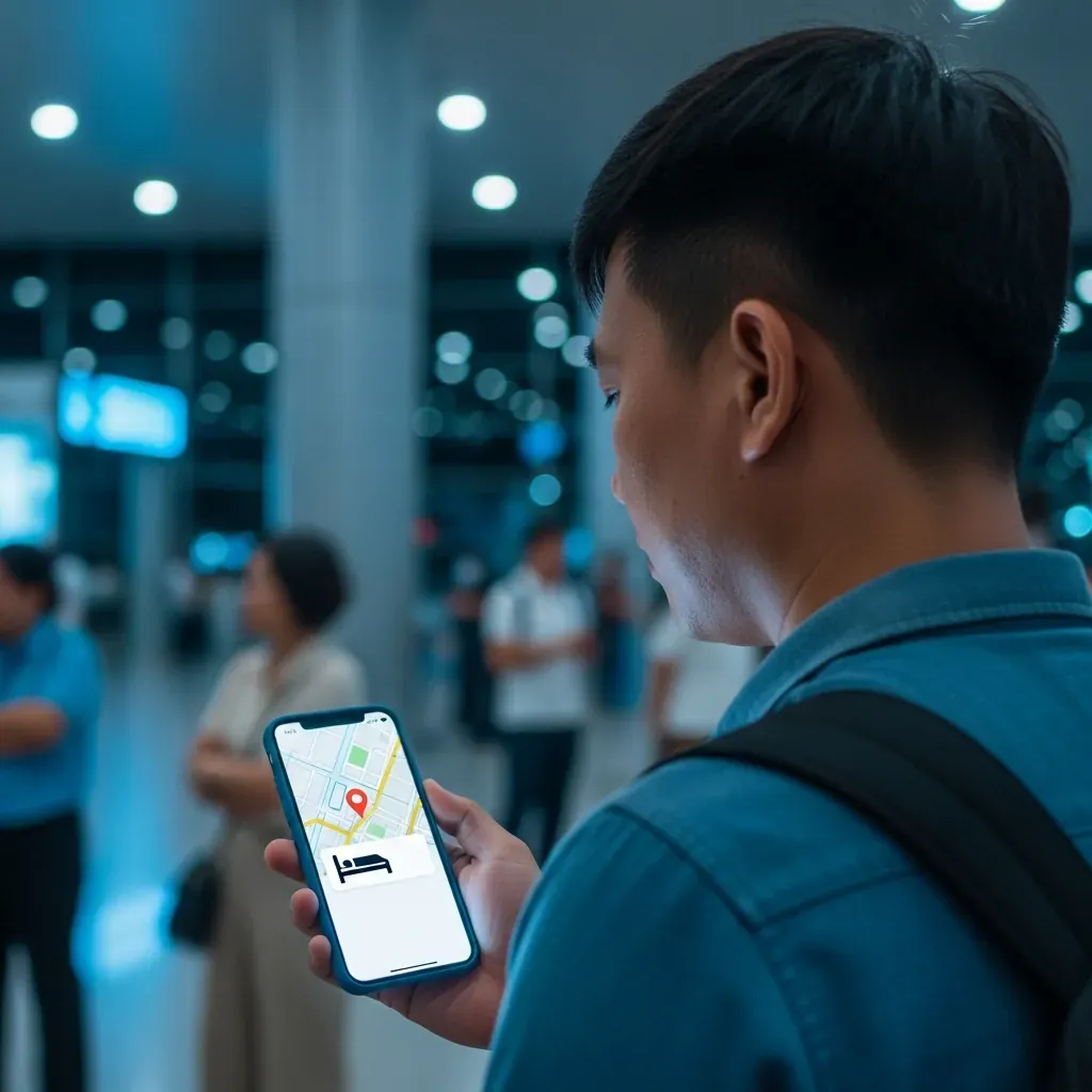Du khách Việt Nam dùng điện thoại đặt phòng khẩn cấp tại sân bay.