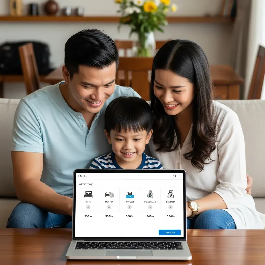 Gia đình Việt Nam cùng xem ma trận chọn khách sạn trên máy tính tại nhà.