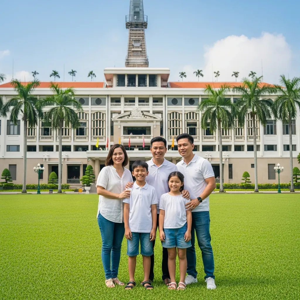 Gia đình Việt Nam tham quan Dinh Độc Lập tại Sài Gòn.