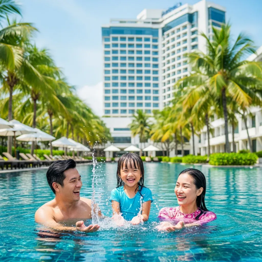 Gia đình Việt Nam vui đùa bên hồ bơi khách sạn tại Sài Gòn.