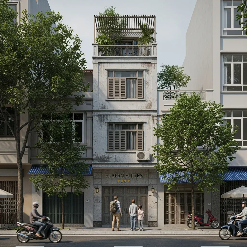 Mặt tiền khách sạn Fusion Suites Saigon giản dị.