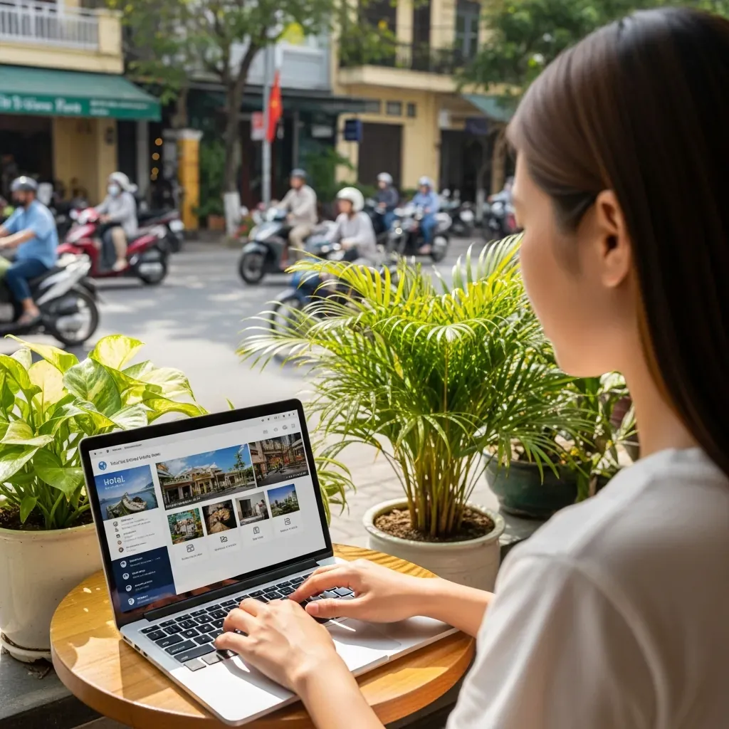 Một phụ nữ Việt Nam đang thao tác đặt phòng trên máy tính xách tay tại quán cà phê vỉa hè Sài Gòn.
