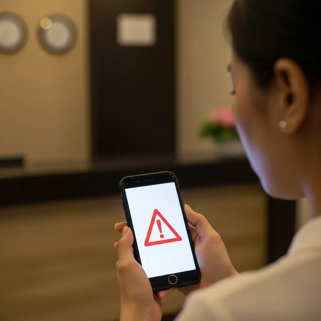 Người phụ nữ nhìn điện thoại có biểu tượng cảnh báo lừa đảo.