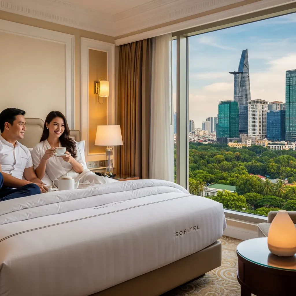 Cặp đôi người Việt thư giãn trên giường MyBed trong phòng Sofitel với cửa sổ nhìn ra thành phố.
