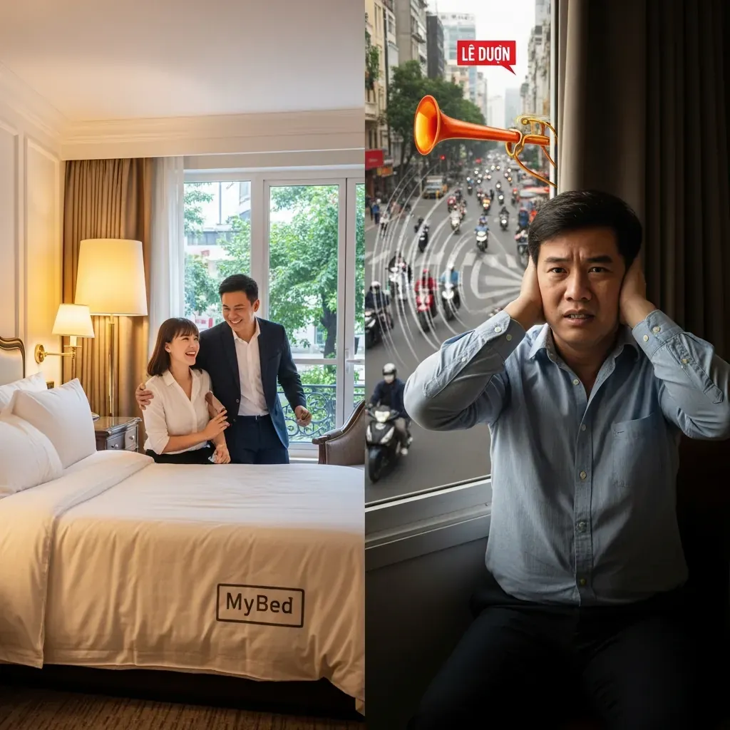 Hình ảnh so sánh: bên trái cặp đôi người Việt hạnh phúc trong phòng Sofitel sang trọng, bên phải một người bịt tai vì tiếng ồn đường phố.