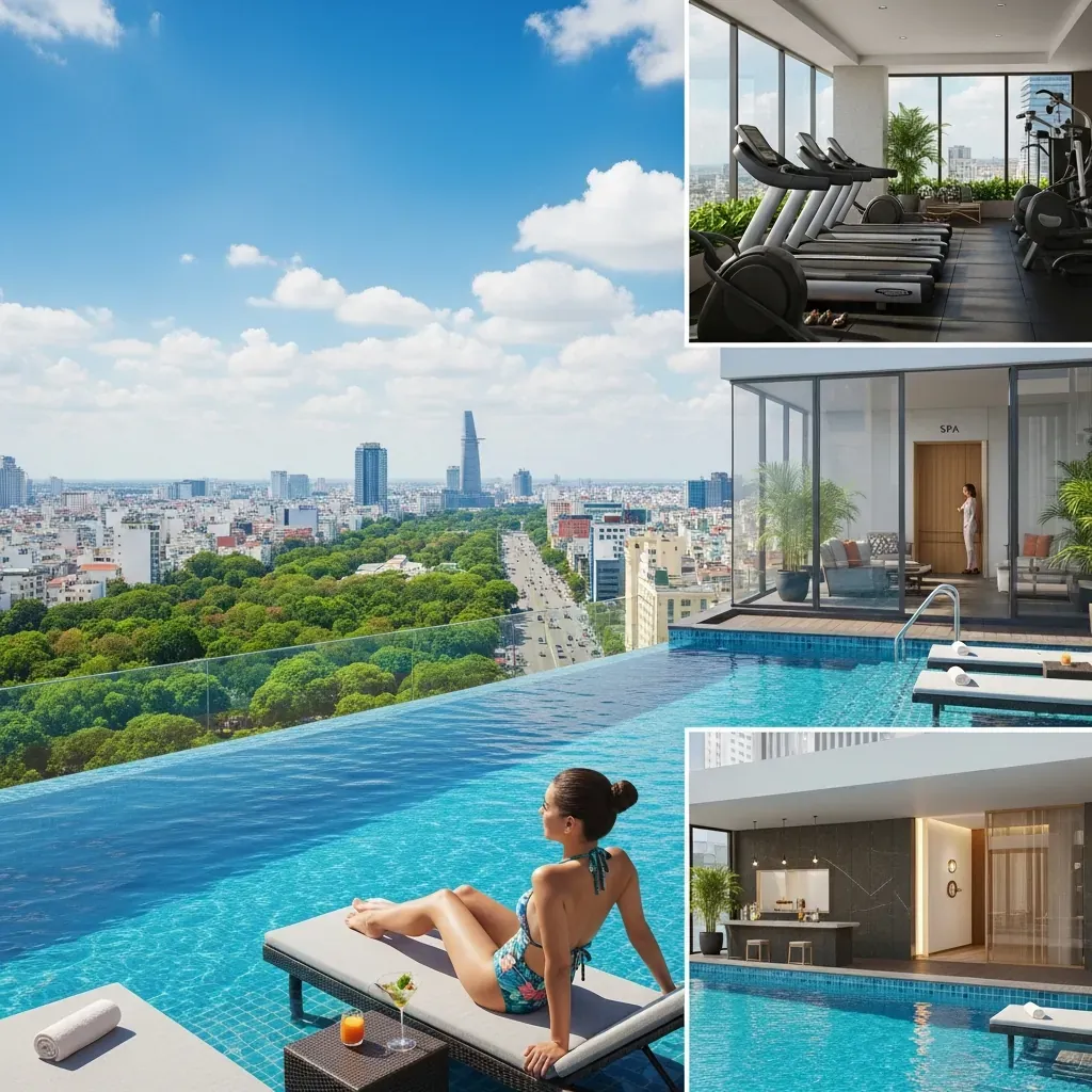 Hồ bơi sân thượng của Sofitel Sài Gòn với tầm nhìn thành phố và khu tập luyện.