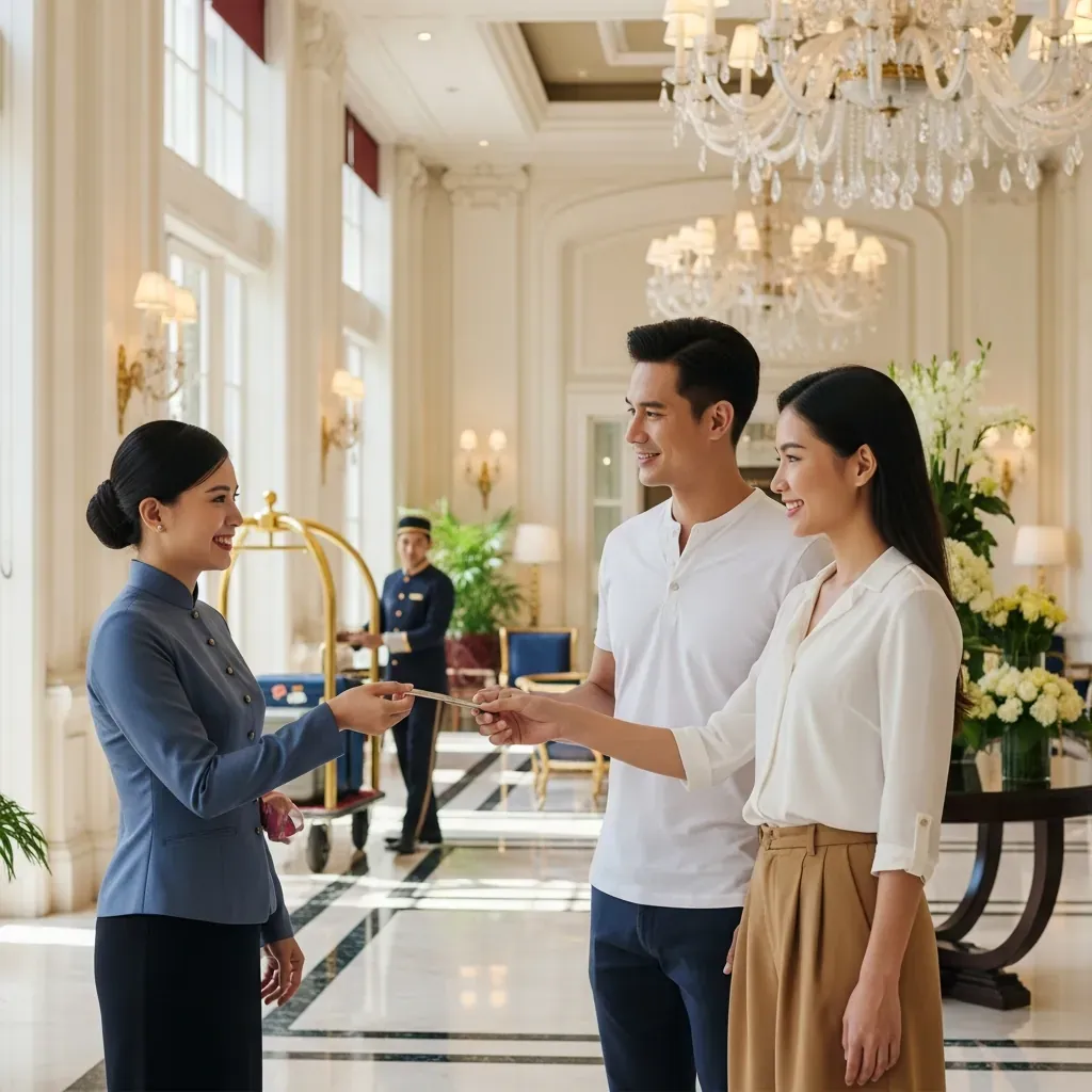 Lễ tân khách sạn Sofitel trao chìa khóa cho cặp đôi người Việt tại sảnh sang trọng.