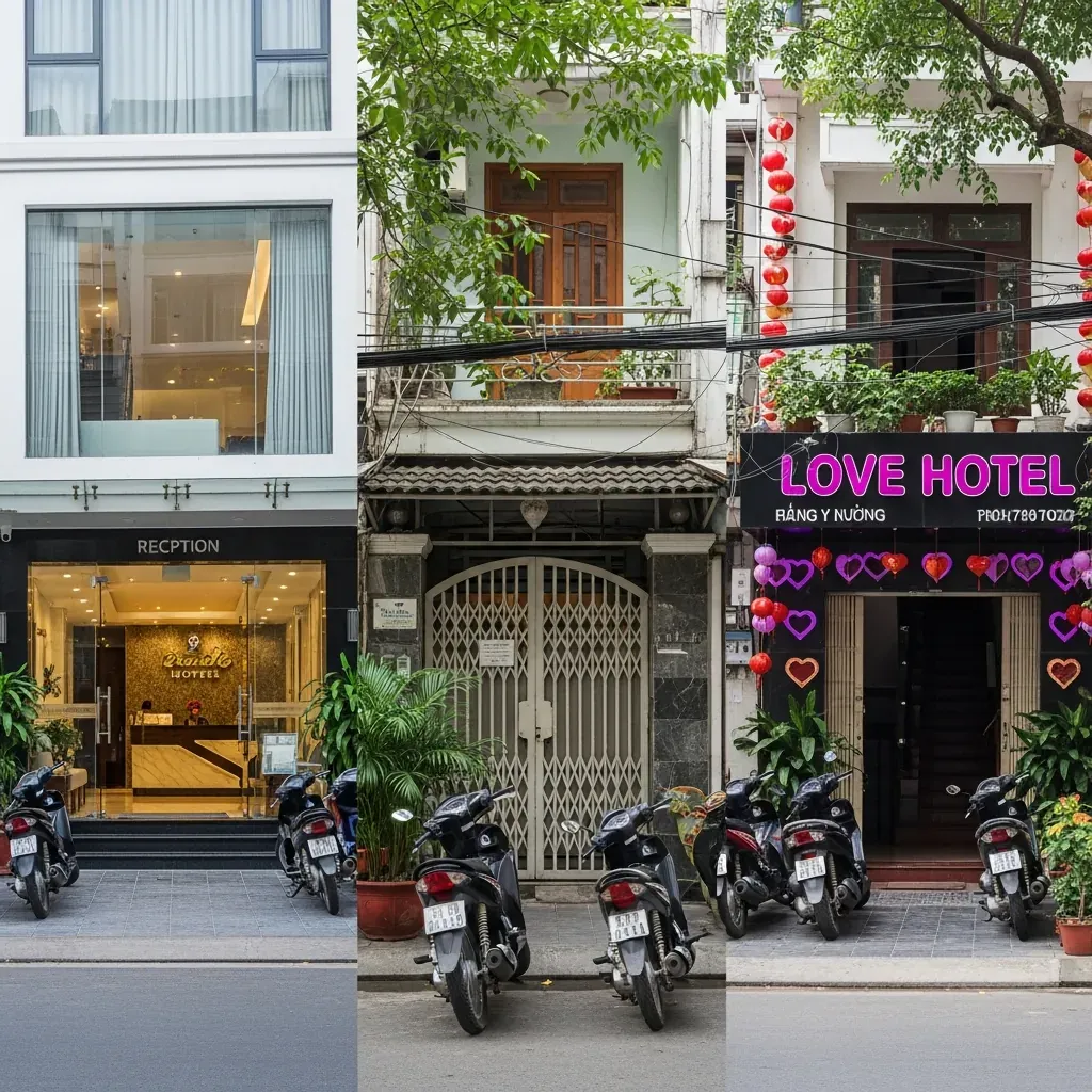 Ba loại hình lưu trú tại Tân Phú: khách sạn thực thụ, nhà nghỉ trong hẻm và khách sạn tình yêu với ánh sáng hồng.