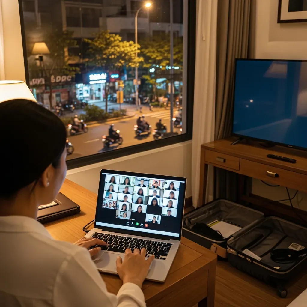 Khách công tác làm việc tại phòng khách sạn Phú Hưng với cửa sổ nhìn ra đường Tân Sơn Nhì.