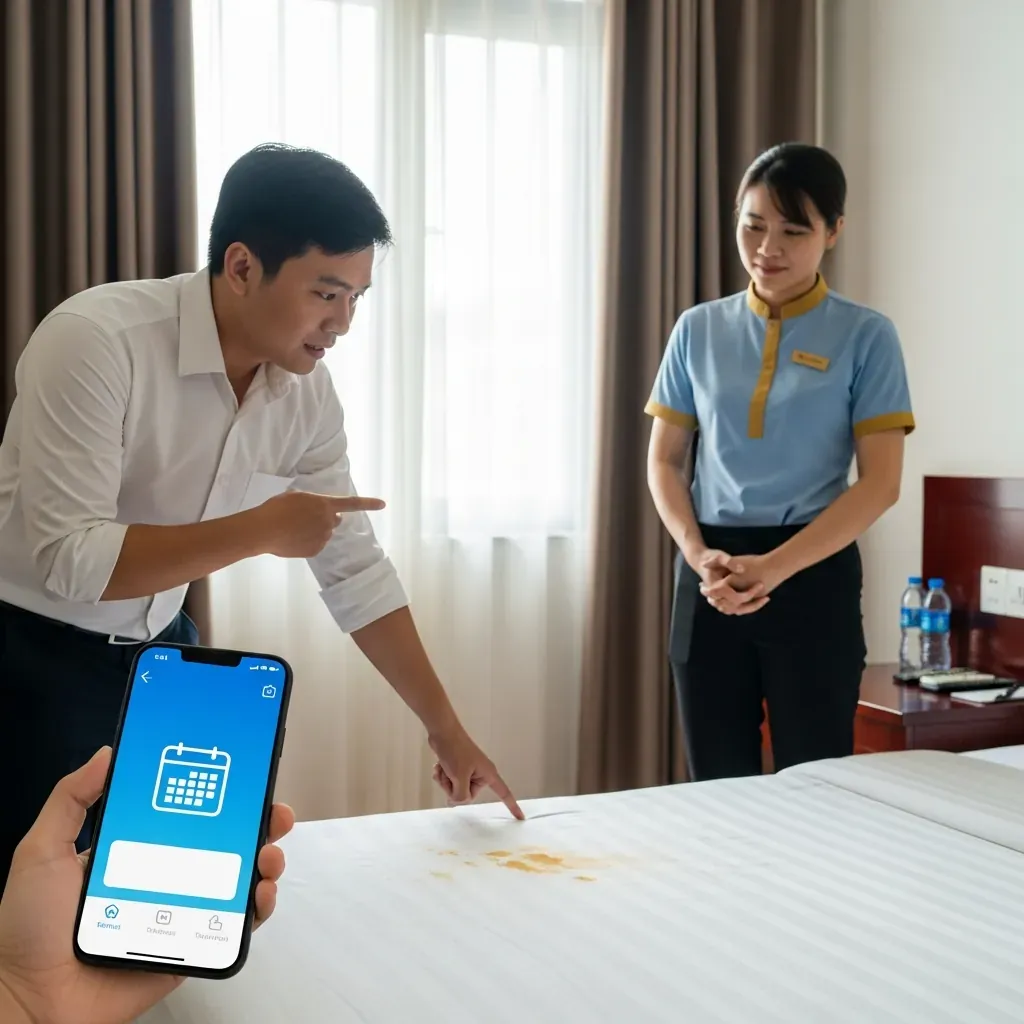 Khách phát hiện ga giường bẩn khi nhận phòng và yêu cầu đổi.