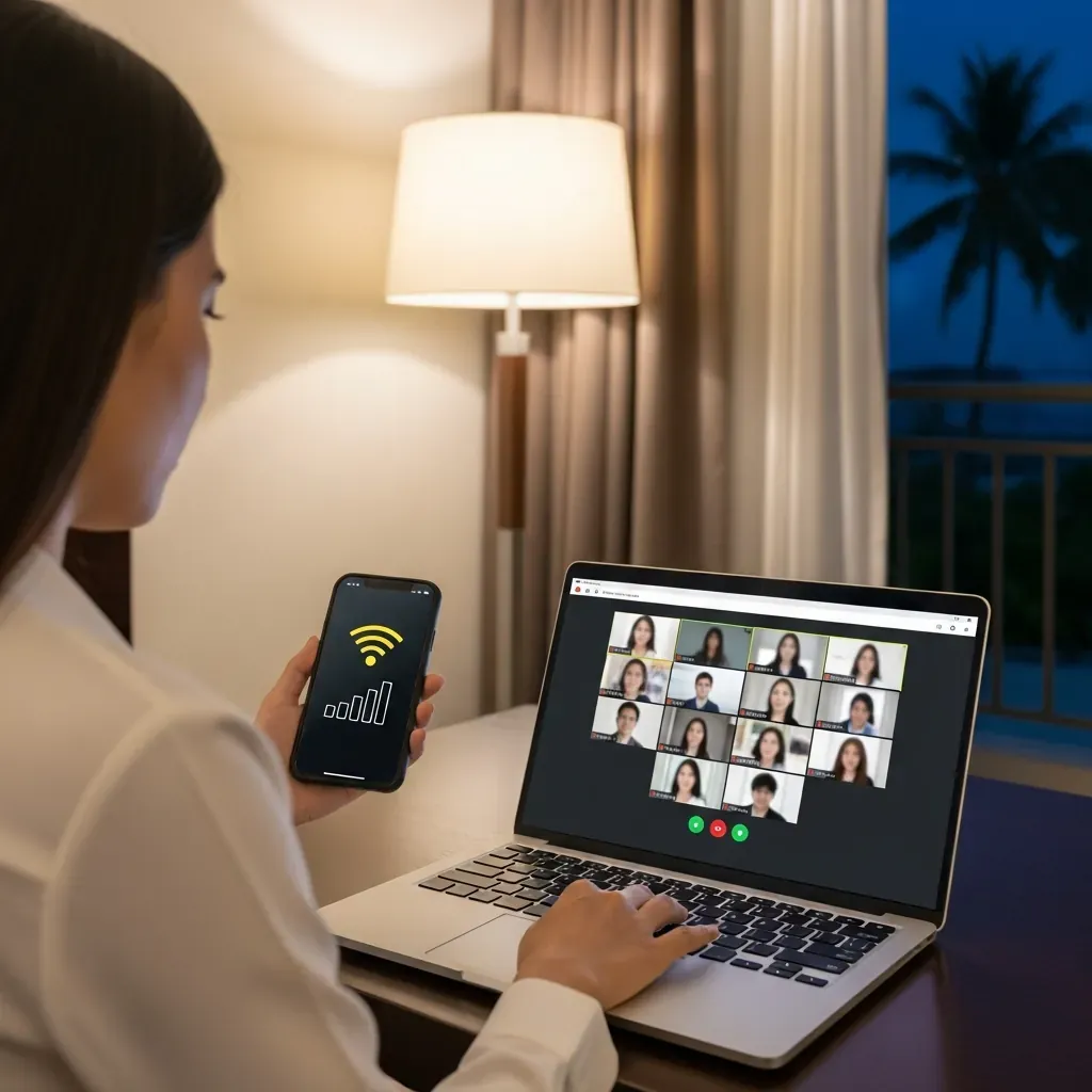 Người dùng đang họp Zoom trên laptop, đồng thời bật điểm phát sóng 4G dự phòng từ điện thoại.