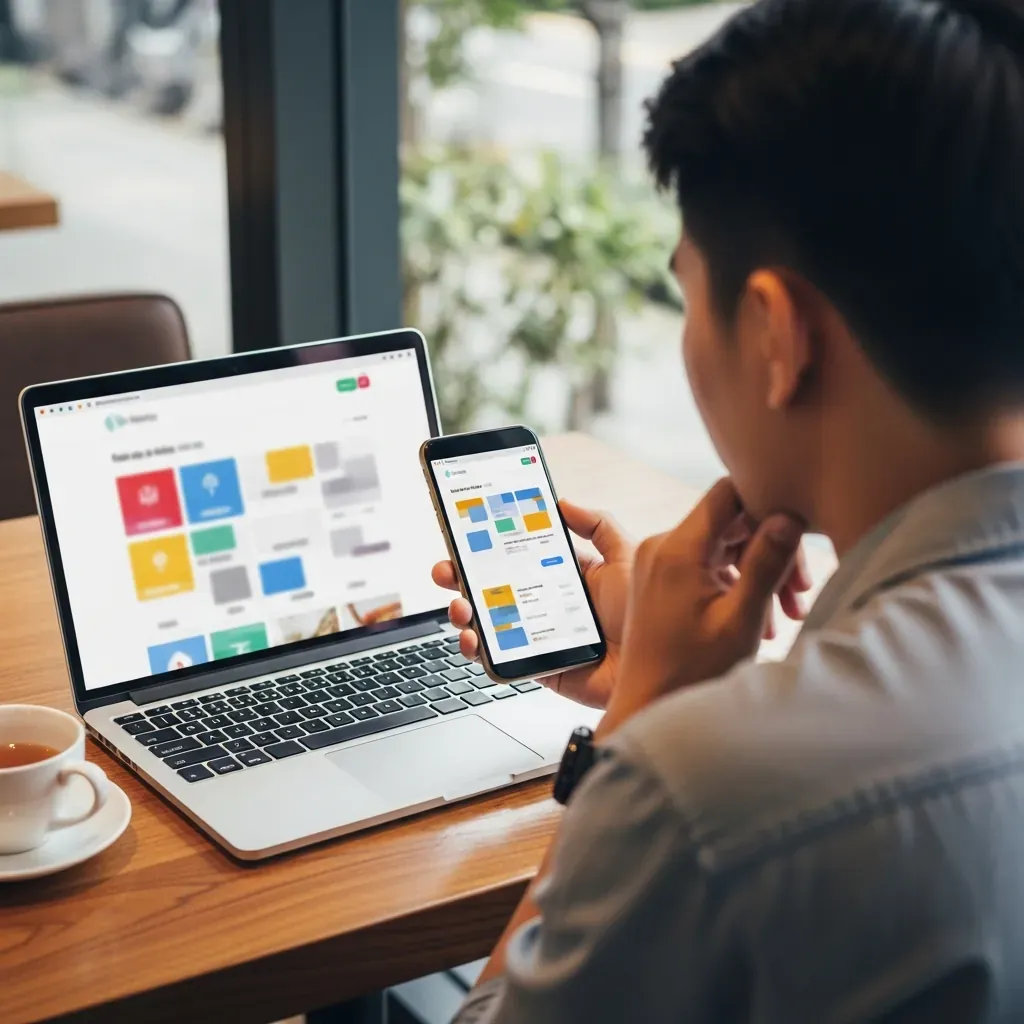 Người dùng so sánh giá phòng trên điện thoại và laptop trước khi đặt.