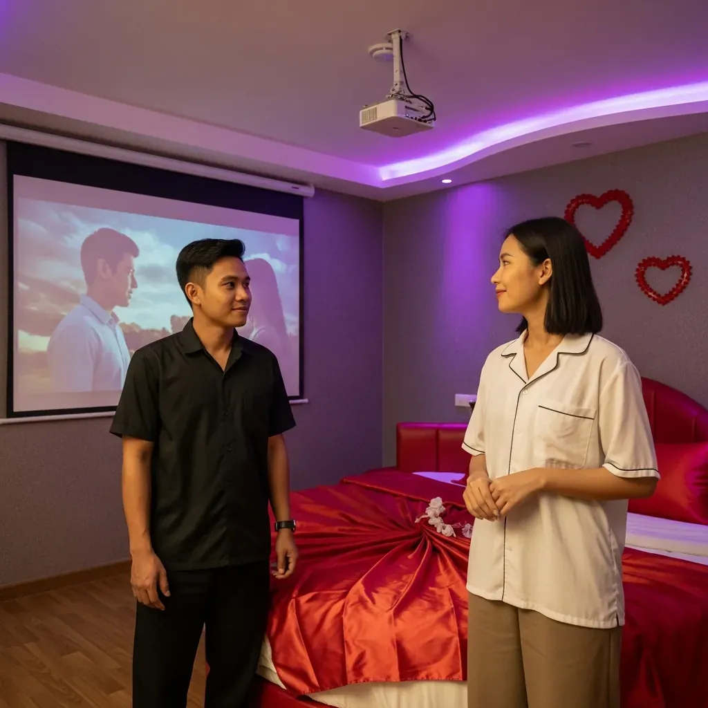 Nội thất phòng khách sạn tình yêu với giường tròn và máy chiếu.