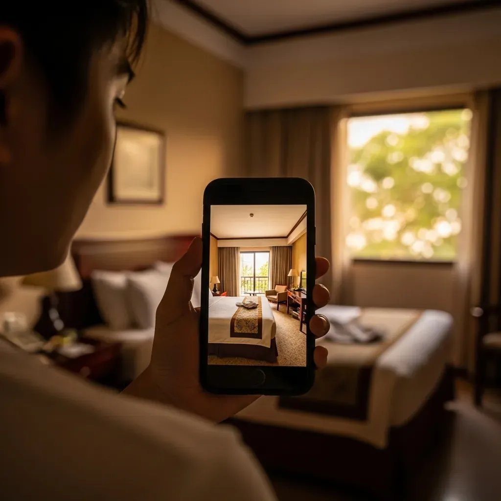 So sánh ảnh quảng cáo trên điện thoại với phòng thực tế tại khách sạn Tân Phú.