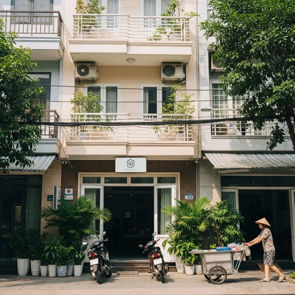Mặt tiền khách sạn Amura kiểu ống hẹp với ban công nhỏ, xe máy đậu phía trước, cây xanh nhiệt đới.