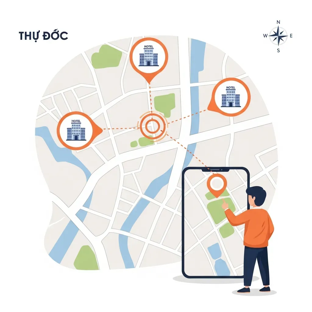 Minh họa bản đồ Thủ Đức với ba khách sạn dự phòng, du khách Việt đang xem điện thoại.