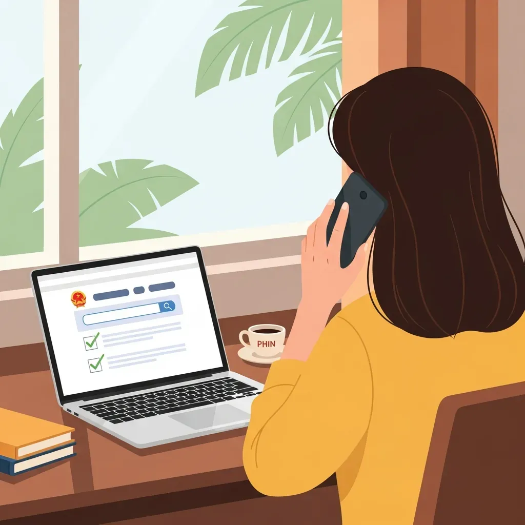 Minh họa người phụ nữ Việt ngồi trước máy tính và gọi điện thoại để xác minh khách sạn.