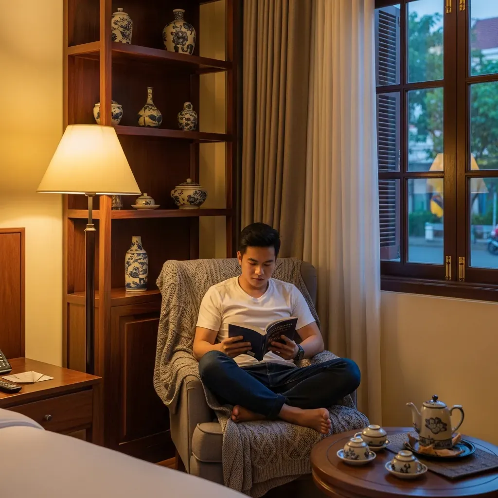 Phòng khách sạn ấm cúng, ánh đèn vàng, người đàn ông Việt đọc sách, không gian yên tĩnh.