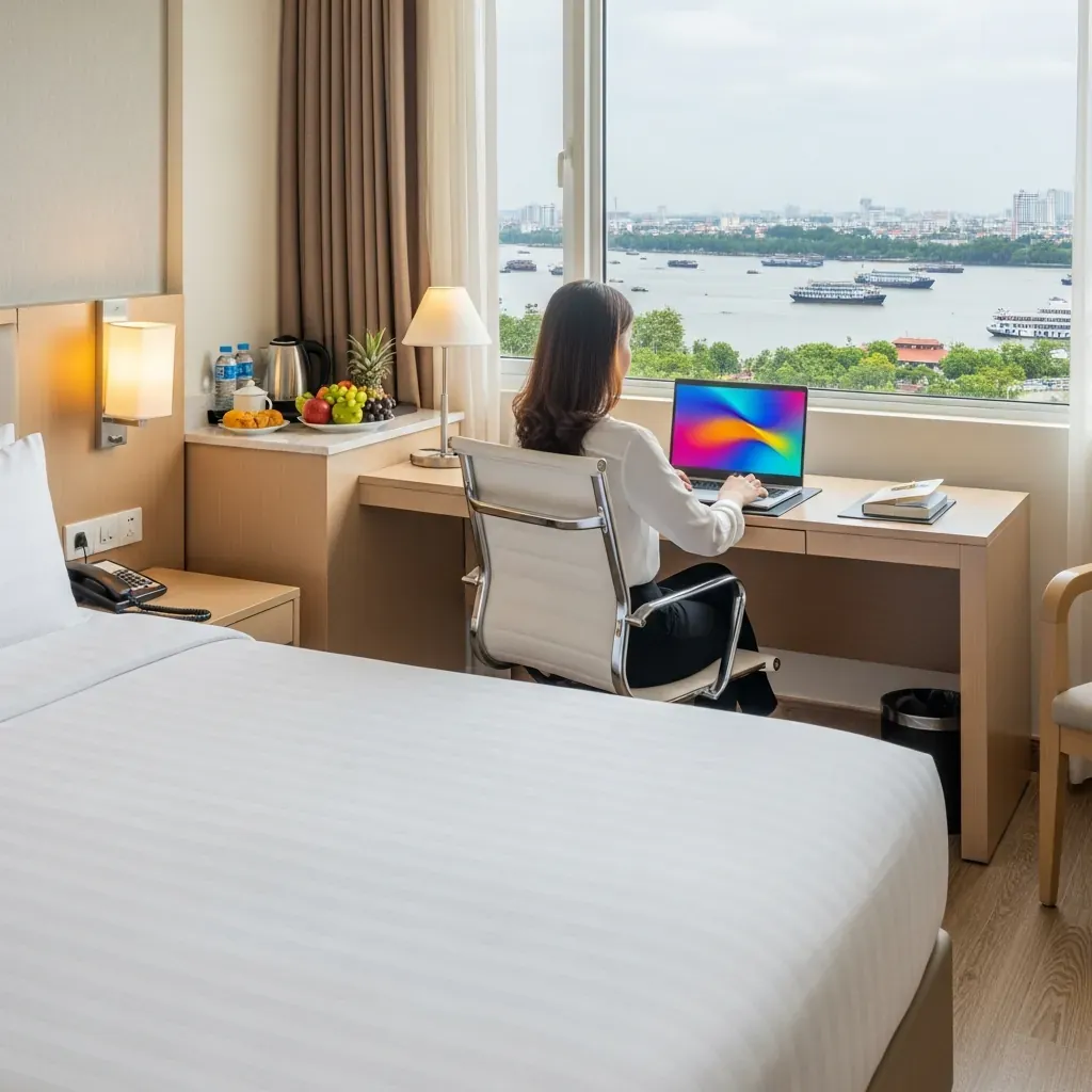 Phòng khách sạn Saigon River rộng rãi, có bàn làm việc, người phụ nữ Việt đang dùng laptop, view sông.